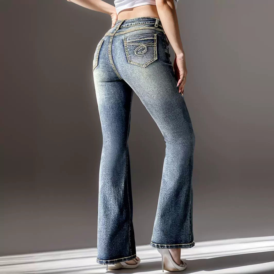 Women's Embroidered Bootcut Jeans – High-Waist Stretch Denim, Sea Blue