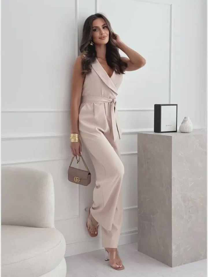 Women's V-Neck Sleeveless Belted Jumpsuit Summer Fashion Wide-Leg Trousers Romper – AdriaPulse
